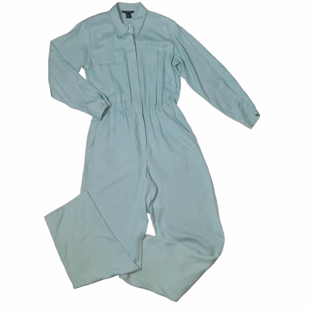 Vtg BOSTON PROPER Blue Washed Silk Canvas Safari Utility Cargo Jumpsuit Sz 10